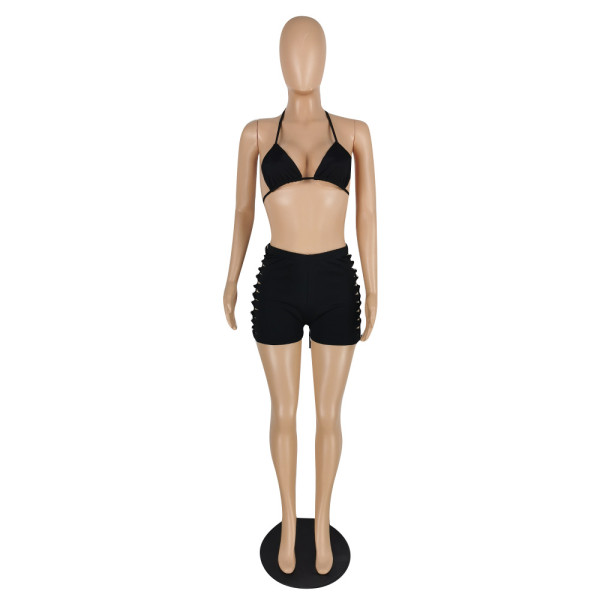 Bikini pattern wearing hollow hot pants two-piece suit E537