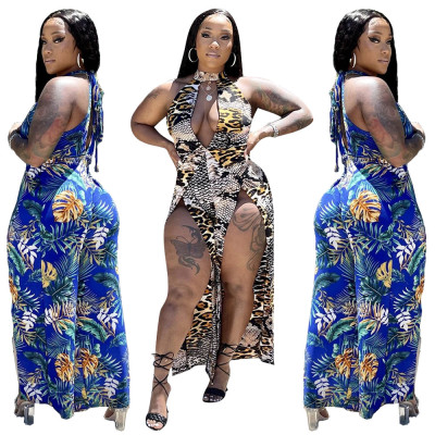 Sleeveless tie V-neck trousers leg split jumpsuit H8931