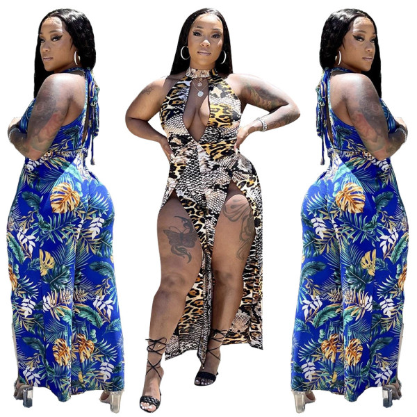 Sleeveless tie V-neck trousers leg split jumpsuit H8931