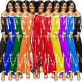 New style long skirt split skirt wide neck tie-dye dress H8923