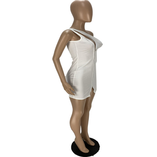 Fashion one-shoulder zipper hollow sexy bag hip dress WJ5219