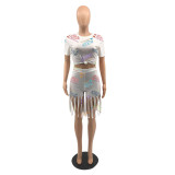 Fashion letter print shorts tassel two-piece set WJ5220