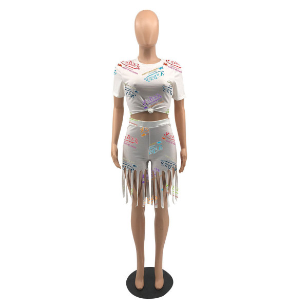 Fashion letter print shorts tassel two-piece set WJ5220