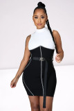 Mid-neck sleeveless short skirt back zipper black and white stitching dress H8937