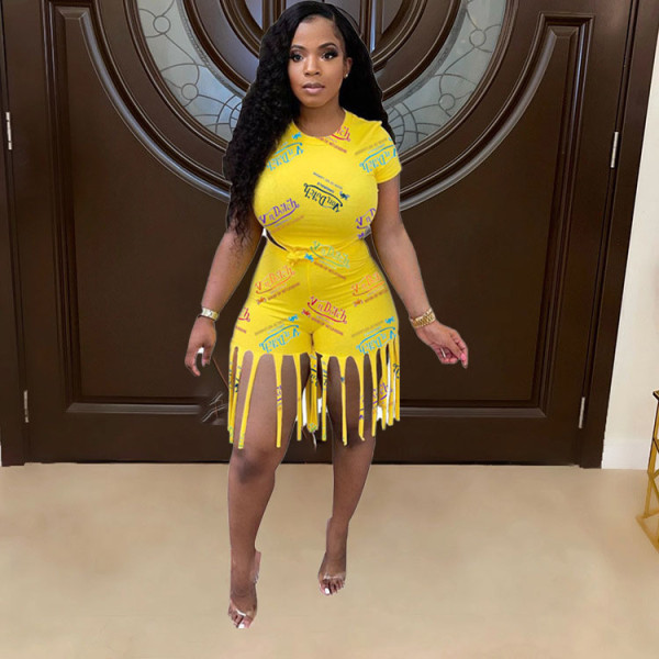 Fashion letter print shorts tassel two-piece set WJ5220