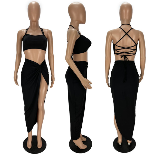 Sexy women's hollow lace-up mini skirt two-piece suit XY9100