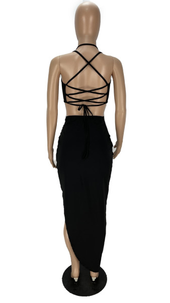 Sexy women's hollow lace-up mini skirt two-piece suit XY9100