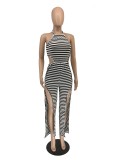Classic striped jumpsuit with leg slits H8938