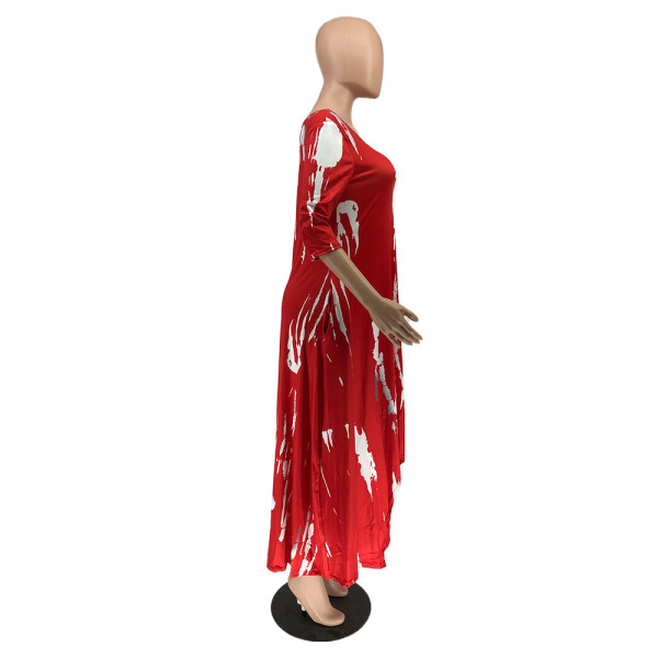 New style long skirt split skirt wide neck tie-dye dress H8923