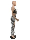 Classic striped jumpsuit with leg slits H8938