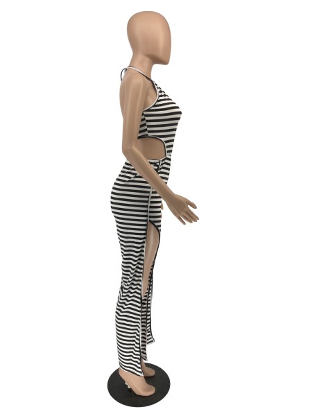 Classic striped jumpsuit with leg slits H8938