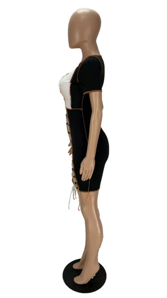 Women's contrast color stitching hollow lace dress XY9097