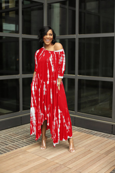 New style long skirt split skirt wide neck tie-dye dress H8923