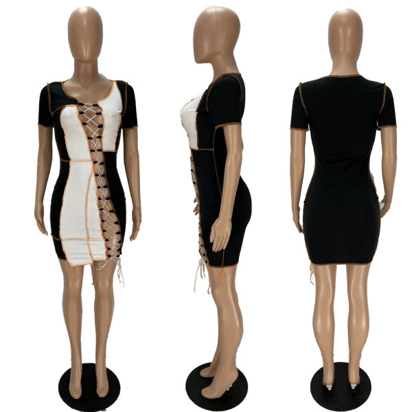 Women's contrast color stitching hollow lace dress XY9097