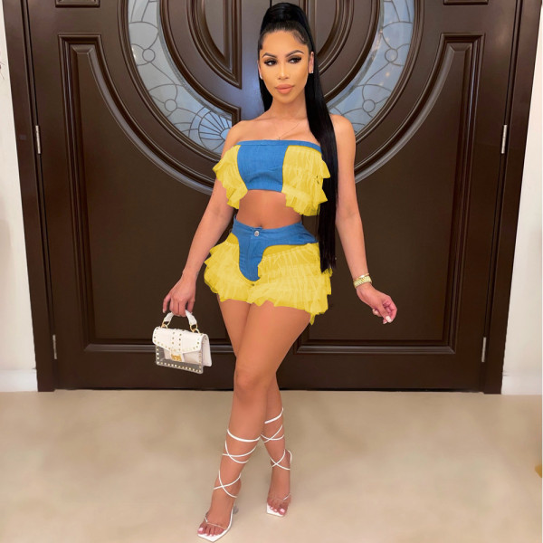 High elastic imitation denim wrapped chest stitching mesh sexy two-piece suit E535