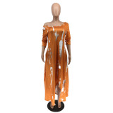 New style long skirt split skirt wide neck tie-dye dress H8923