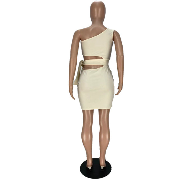 Sexy bag hip waist hollow tie rope one-shoulder dress WJ5216
