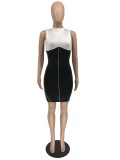 Mid-neck sleeveless short skirt back zipper black and white stitching dress H8937