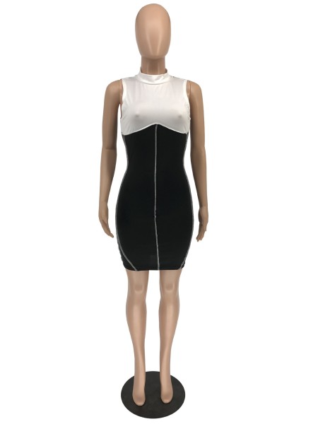 Mid-neck sleeveless short skirt back zipper black and white stitching dress H8937