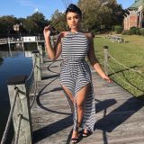 Classic striped jumpsuit with leg slits H8938