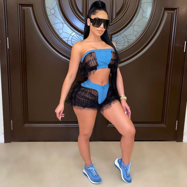 High elastic imitation denim wrapped chest stitching mesh sexy two-piece suit E535