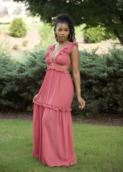 Long skirt with earrings and ruffled lace-up vest dress H8939