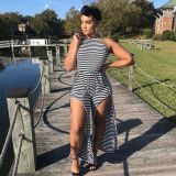 Classic striped jumpsuit with leg slits H8938