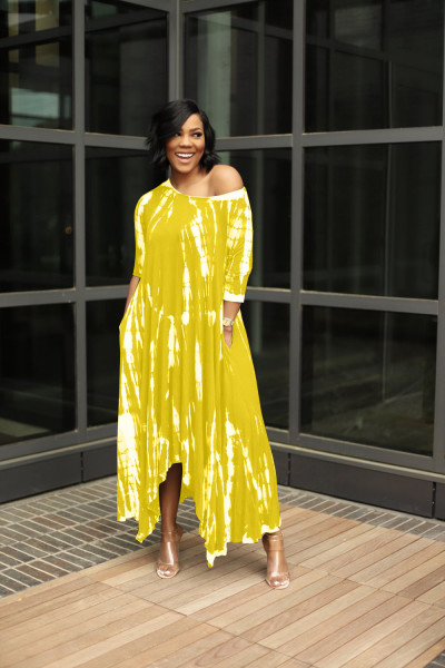 New style long skirt split skirt wide neck tie-dye dress H8923