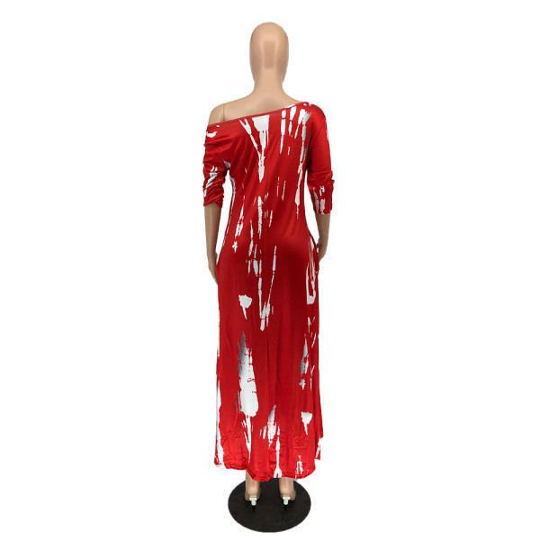 New style long skirt split skirt wide neck tie-dye dress H8923