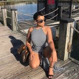 Classic striped jumpsuit with leg slits H8938
