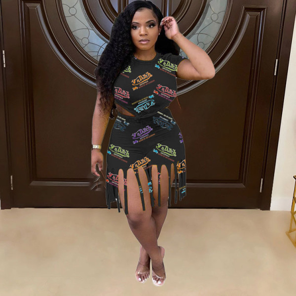 Fashion letter print shorts tassel two-piece set WJ5220