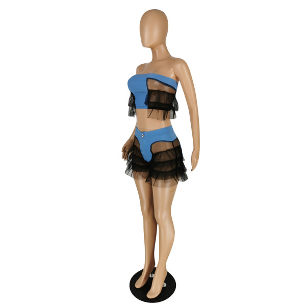 High elastic imitation denim wrapped chest stitching mesh sexy two-piece suit E535