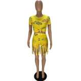 Fashion letter print shorts tassel two-piece set WJ5220