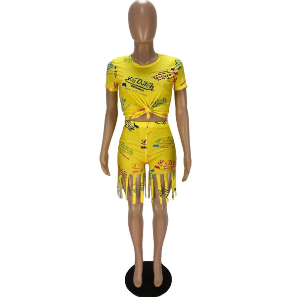 Fashion letter print shorts tassel two-piece set WJ5220