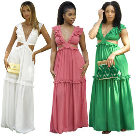 Long skirt with earrings and ruffled lace-up vest dress H8939