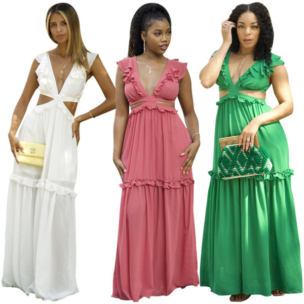 Long skirt with earrings and ruffled lace-up vest dress H8939