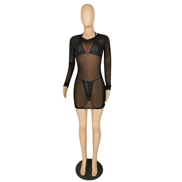 Three-piece rhinestone bikini and net gauze coverall E507