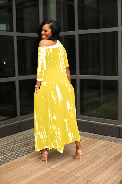 New style long skirt split skirt wide neck tie-dye dress H8923