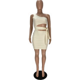 Sexy bag hip waist hollow tie rope one-shoulder dress WJ5216