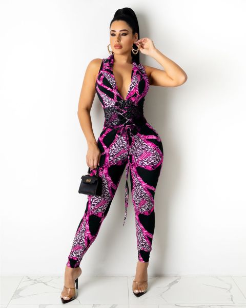 Fashion chain ladies casual pants waist tie jumpsuit G0394