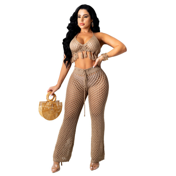 Sexy knitted mesh hollow woolen two-piece suit Z0113