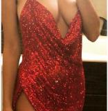 Nightclub Strap Metal Mini Red Diamond Dress YX718