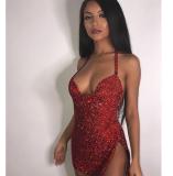 Nightclub Strap Metal Mini Red Diamond Dress YX718
