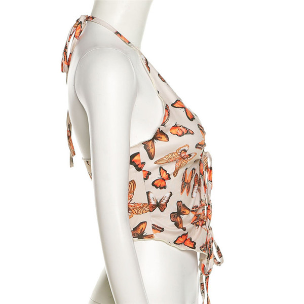 New women's halter halter sexy low-cut fashion print slim tank top K21B01462