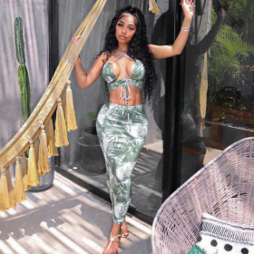 New leaf print halter neck strapless tube top long skirt suit A21ST402