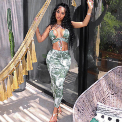 New leaf print halter neck strapless tube top long skirt suit A21ST402