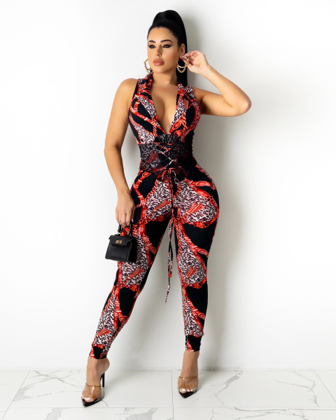 Fashion chain ladies casual pants waist tie jumpsuit G0394