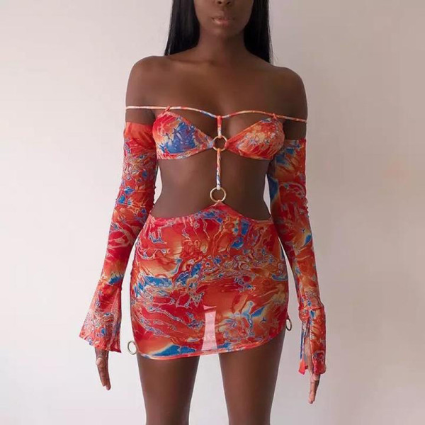 New Fashion Women's Sexy Stitching Hollow Strapless Long Sleeve Halter Dress K21D02270