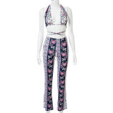 New printed bohemian high-waisted micro-flared trousers suit K21ST410