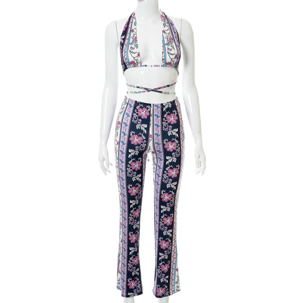 New printed bohemian high-waisted micro-flared trousers suit K21ST410